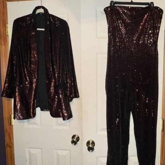 Express Sequin Open-Front Boyfriend Blazer & Romper Copper Brown - Picture 1 of 2